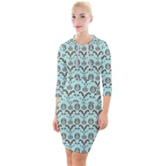 Easter Damask Pattern Robins Egg Blue And Brown Quarter Sleeve Hood Bodycon Dress by emilyzragz