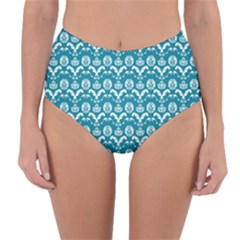 Easter Damask Pattern Deep Teal Blue And White Reversible High-waist Bikini Bottoms by emilyzragz