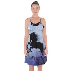 Wonderful Black Horse Silhouette On Vintage Background Ruffle Detail Chiffon Dress by FantasyWorld7