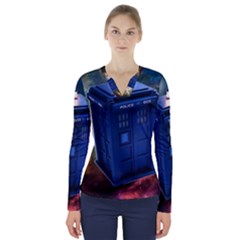 The Police Box Tardis Time Travel Device Used Doctor Who V-neck Long Sleeve Top by Sudhe