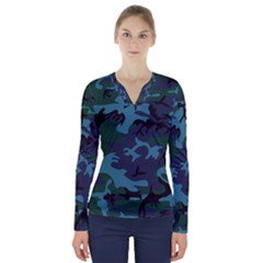 Camouflage Blue V-neck Long Sleeve Top by snowwhitegirl