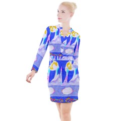 Angel s City In Blue Button Long Sleeve Dress by okhismakingart