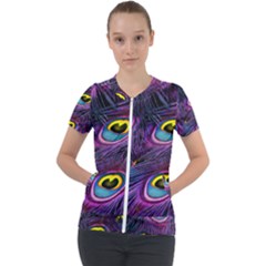 Peacock Feathers Purple Short Sleeve Zip Up Jacket by snowwhitegirl