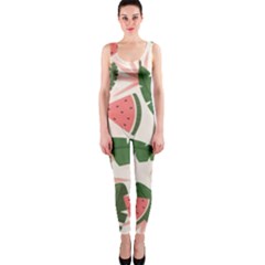 Tropical Watermelon Leaves Pink And Green Jungle Leaves Retro Hawaiian Style One Piece Catsuit by genx