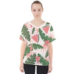 Tropical Watermelon Leaves Pink And Green Jungle Leaves Retro Hawaiian Style V-neck Dolman Drape Top by genx