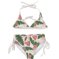 Tropical Watermelon Leaves Pink And Green Jungle Leaves Retro Hawaiian Style Kids  Classic Bikini Set by genx