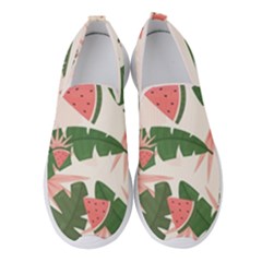 Tropical Watermelon Leaves Pink And Green Jungle Leaves Retro Hawaiian Style Women s Slip On Sneakers by genx