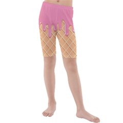 Ice Cream Pink Melting Background With Beige Cone Kids  Mid Length Swim Shorts by genx