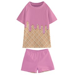 Ice Cream Pink Melting Background With Beige Cone Kids  Swim Tee And Shorts Set by genx