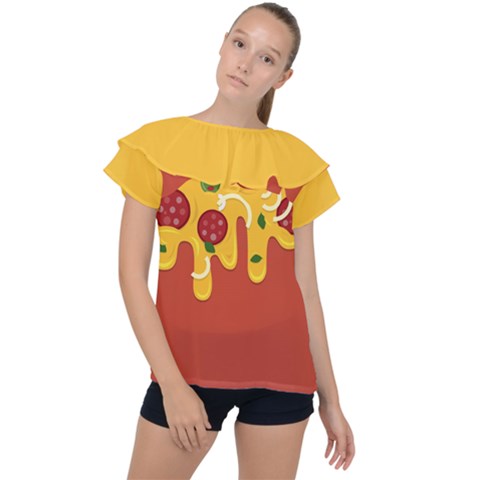 Pizza Topping Funny Modern Yellow Melting Cheese And Pepperonis Ruffle Collar Chiffon Blouse by genx