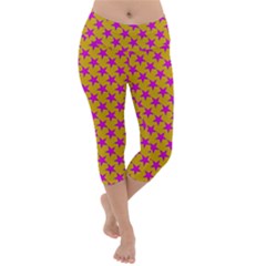 Pink Stars Pattern On Yellow Lightweight Velour Capri Yoga Leggings by BrightVibesDesign