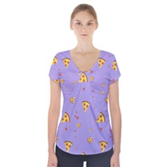 Pizza Pattern Violet Pepperoni Cheese Funny Slices Short Sleeve Front Detail Top by genx