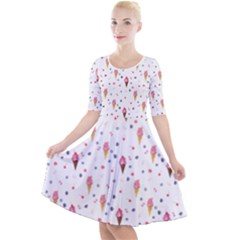 Ice Cream Cones Watercolor With Fruit Berries And Cherries Summer Pattern Quarter Sleeve A-line Dress by genx