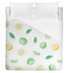 Lemon And Limes Yellow Green Watercolor Fruits With Citrus Leaves Pattern Duvet Cover (queen Size) by genx