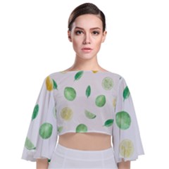 Lemon And Limes Yellow Green Watercolor Fruits With Citrus Leaves Pattern Tie Back Butterfly Sleeve Chiffon Top by genx