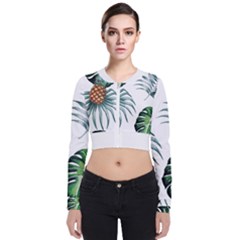 Pineapple Tropical Jungle Giant Green Leaf Watercolor Pattern Long Sleeve Zip Up Bomber Jacket by genx