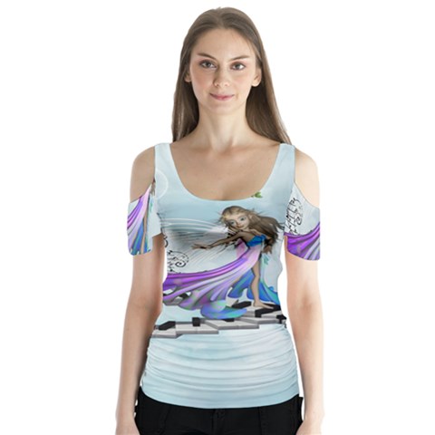 Cute Fairy Dancing On A Piano Butterfly Sleeve Cutout Tee  by FantasyWorld7