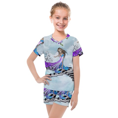 Cute Fairy Dancing On A Piano Kids  Mesh Tee And Shorts Set by FantasyWorld7