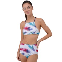 Feathers Boho Style Purple Red And Blue Watercolor High Waist Tankini Set by genx