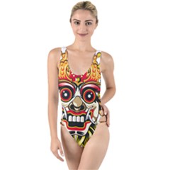 Bali Barong Mask Euclidean Vector Chiefs Face High Leg Strappy Swimsuit by Sudhe