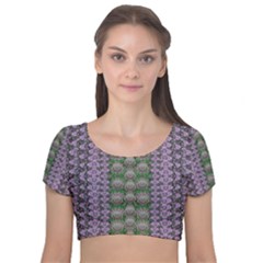 Decorative Juwel And Pearls Ornate Velvet Short Sleeve Crop Top  by pepitasart