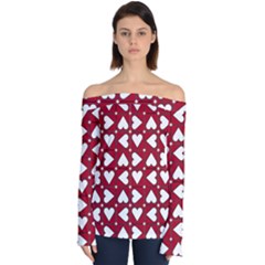 Graphic Heart Pattern Red White Off Shoulder Long Sleeve Top by HermanTelo