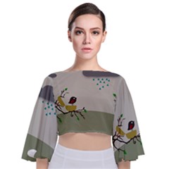 Birds Tree Animal Black Tree Tie Back Butterfly Sleeve Chiffon Top by HermanTelo