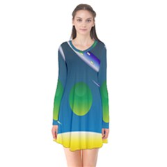 Rocket Spaceship Space Long Sleeve V-neck Flare Dress by HermanTelo