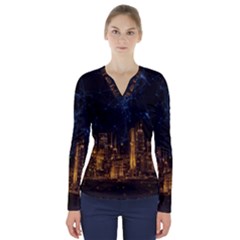 Architecture Buildings City V-neck Long Sleeve Top by Pakrebo