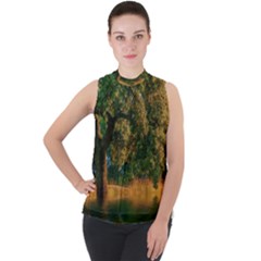 Nature Tree Sunset Giraffe Animal Mock Neck Chiffon Sleeveless Top by Pakrebo