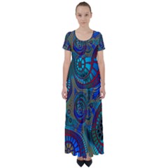 Fractal Abstract Line Wave High Waist Short Sleeve Maxi Dress by HermanTelo