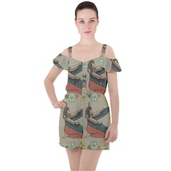 Egyptian Woman Wings Design Ruffle Cut Out Chiffon Playsuit by Sapixe