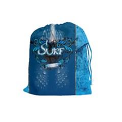 Sport, Surfboard With Water Drops Drawstring Pouch (large) by FantasyWorld7