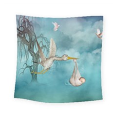 Cute Baby Is Coming With Stork Square Tapestry (small) by FantasyWorld7