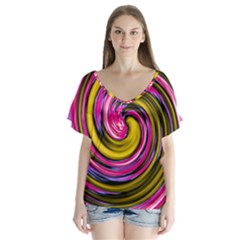 Swirl Vortex Motion Pink Yellow V-neck Flutter Sleeve Top by HermanTelo