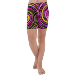 Swirl Vortex Motion Pink Yellow Kids  Lightweight Velour Capri Yoga Leggings by HermanTelo