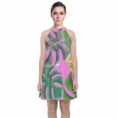 Tropical Greens Pink Leaf Velvet Halter Neckline Dress  by HermanTelo