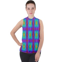 Groovy Green Orange Blue Yellow Square Pattern Mock Neck Chiffon Sleeveless Top by BrightVibesDesign