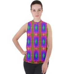 Groovy Purple Green Pink Square Pattern Mock Neck Chiffon Sleeveless Top by BrightVibesDesign