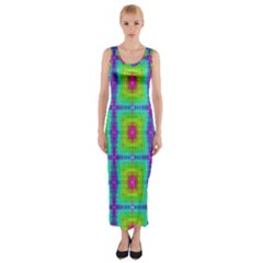 Groovy Yellow Pink Purple Square Pattern Fitted Maxi Dress by BrightVibesDesign