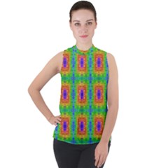 Groovy Purple Green Blue Orange Square Pattern Mock Neck Chiffon Sleeveless Top by BrightVibesDesign