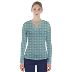 Argyle Light Green Pattern V-neck Long Sleeve Top by BrightVibesDesign