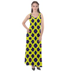 Modern Dark Blue Flowers On Yellow Sleeveless Velour Maxi Dress by BrightVibesDesign