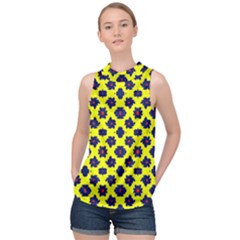 Modern Dark Blue Flowers On Yellow High Neck Satin Top by BrightVibesDesign