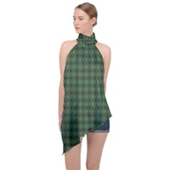 Argyle Dark Green Brown Pattern Halter Asymmetric Satin Top by BrightVibesDesign