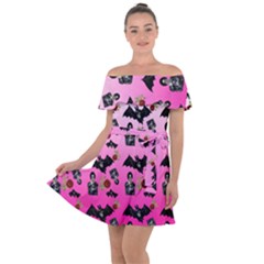 Pink Gradient Bat Pattern Off Shoulder Velour Dress by snowwhitegirl