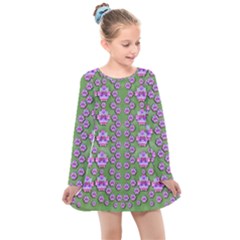 Fantasy Flowers Dancing In The Green Spring Kids  Long Sleeve Dress by pepitasart