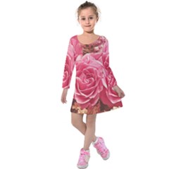 Roses Noble Roses Romantic Pink Kids  Long Sleeve Velvet Dress by Pakrebo