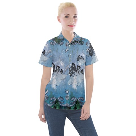 Surfboard With Dolphin Women s Short Sleeve Pocket Shirt by FantasyWorld7