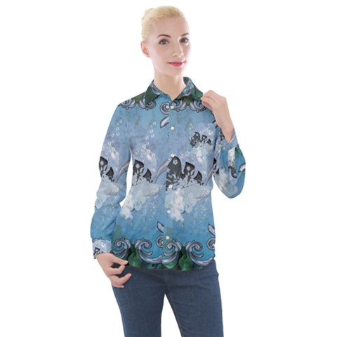 Surfboard With Dolphin Women s Long Sleeve Pocket Shirt by FantasyWorld7